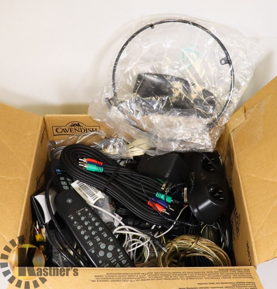 BOX OF COMPUTER & STEREO WIRES, REMOTES AND MORE Kastner Auctions