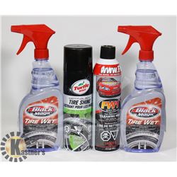 4 BOTTLES OF CAR CARE ITEMS INCLUDING TIRE SHINE