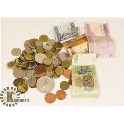 BOX OF ASSORTED WORLD COINS AND BILLS