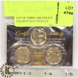 LOT OF THREE 24K GOLD PLATED USA BUFFALO NICKLES.