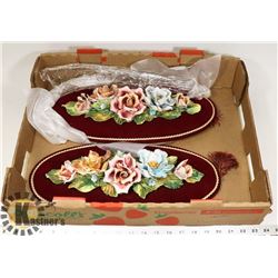 PAIR OF PORCELAIN FLOWER WALL HANGINGS, 16" TALL