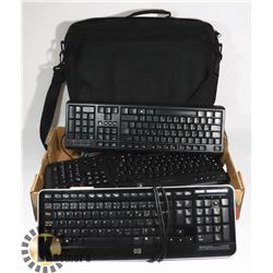 FLAT OF ASSORTED KEYBOARDS, LAPTOP BAG AND MORE.