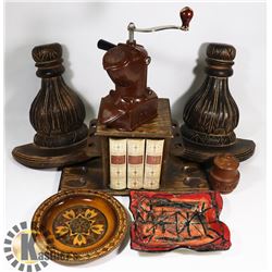 BOX WITH PIPE RACK, WALL COFFEE GRINDER ETC.