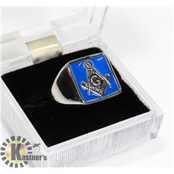 SILVER TONE MASONIC RING, WITH BLUE FACE, SIZE 12