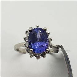 5) 14K WHITE GOLD TANZANITE & DIAMOND HALO RING,
