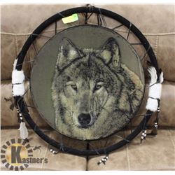 LARGE WOLF DREAM CATCHER W/ FEATHERS &