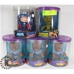 LOT OF 5  BOBBLE HEADS, INCLUDES CAPTAIN AMERICA