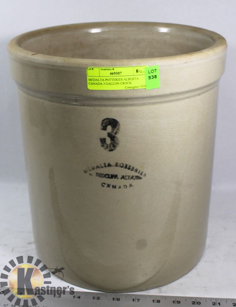 MEDALTA POTTERIES ALBERTA CANADA 3 GALLON CROCK Kastner Auctions
