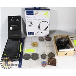 FLAT OF ASSORTED ITEMS: INCLUDES BLUETOOTH IN EAR