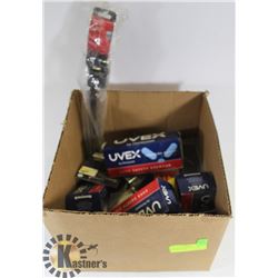 BOX OF VARIOUS ITEMS: SAFETY GLASSES, BOLTS,