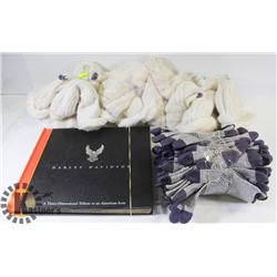 SHELF OF TOGUES AND WORK GLOVES AND HARLEY BOOK