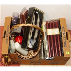 BOX OF CANDLES AND CANDLE HOLDERS