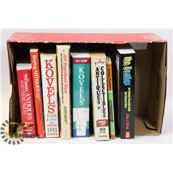 BOX OF BOOKS OF ANTIQUING AND BEATLES.