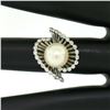 Vintage 14K White Gold 8.5mm Pearl Bezel Diamond 2 Wave Bypass Cocktail Ring