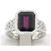 Image 2 : 14k White Gold Filigree Ring w/ Large Emerald Cut Deep Wine Red Rhodolite Garnet