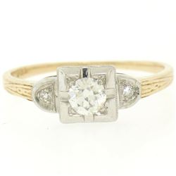Antique Art Deco 14K Two Tone Gold 0.25 ctw Old Cut European Diamond 3 Stone Rin