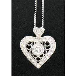 14K White Gold .40 CTW Diamond MilGrain Open Work Heart on White Gold Box Chain