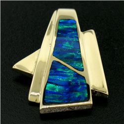 14k Yellow Gold 2 Inlaid Freeform Geometric Blue & Green Boulder Opal Pendant