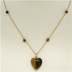 14K Yellow Gold 16" Double Cable Link Chain w/ Tiger's Eye Heart Pendant & Beads