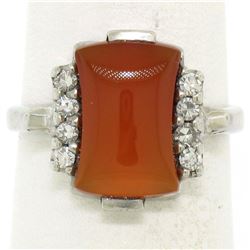 Antique 10K White Gold Carnelian Solitaire Ring w/ .22 ctw Round Diamond Accents