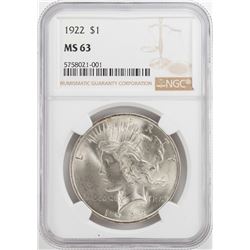 1922 $1 Peace Silver Dollar Coin NGC MS63