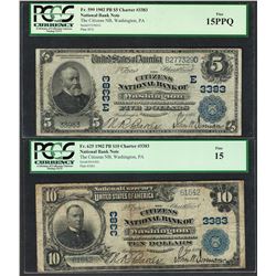 Lot of 1902PB $5/10 Washington, PA CH# 3383 National Currency Notes PCGS Fine 15/PPQ