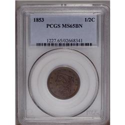 1853 1/2 C MS65 Brown PCGS. C-1, B-1, R.1. Sharply str