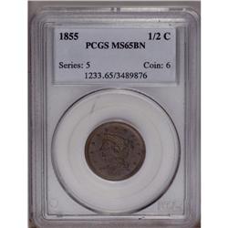 1855 1/2 C MS65 Brown PCGS. B-1, C-1, R.1. Aqua and go