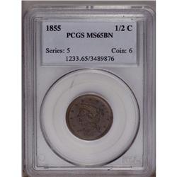 1855 1/2 C MS65 Brown PCGS. B-1, C-1, R.1. Aqua and go