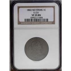1802 1C Stemless VF35 NGC. S-231, R.1. Smooth olive an