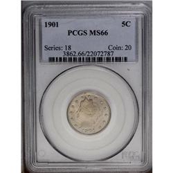 1901 5C MS66 PCGS. Pastel apricot and sky-blue tints a