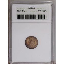 1835 H10C Large Date, Large 5C MS63 ANACS. V-4, LM-7,