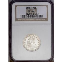 1862 25C MS64 NGC. Boldly struck and essentially unton