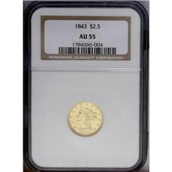 1843 $2 1/2 AU55 NGC. Evenly colored on both sides wit