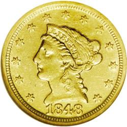 1848-D $2 1/2 AU50 NGC. Variety 10-M. The stars and ob