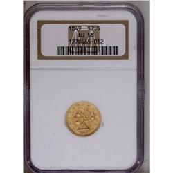 1849 $2 1/2 AU58 NGC. A pleasing piece that reveals li