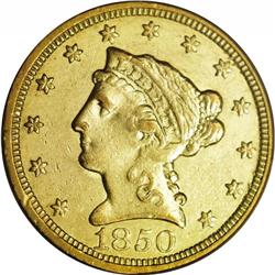 1850-C $2 1/2 AU55 PCGS. Variety 24-H. A very scarce C