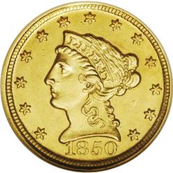1850-D $2 1/2 MS61 NGC. The 1850-D is somewhat scarcer