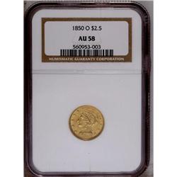 1850-O $2 1/2 AU58 NGC. The yellow-gold surfaces displ