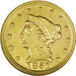 1851-D $2 1/2 AU58 NGC. Variety 14-M. Well struck on t