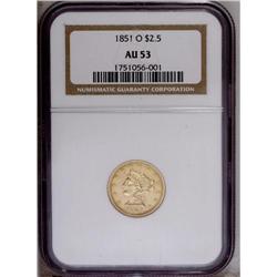 1851-O $2 1/2 AU53 NGC. The stars are well struck, whi