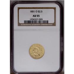 1851-O $2 1/2 AU55 NGC. Breen-6214. The 51 in the date