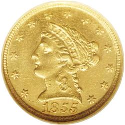 1855-D $2 1/2 AU55 NGC. Variety 18-M. A significant op