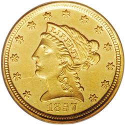 1857-D $2 1/2 AU58 PCGS. Variety 20-M. An extremely im