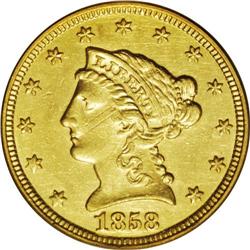 1858-C $2 1/2 XF45 PCGS. Variety 18-J, the only known