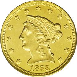 1858-C $2 1/2 MS62 PCGS. Variety 18-J. Charlotte Mint