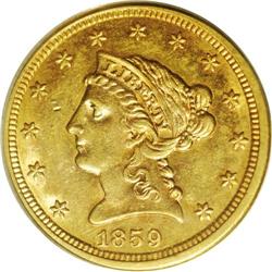 1859-S $2 1/2 AU58 PCGS. Ex: Garrett. Orange-gold colo