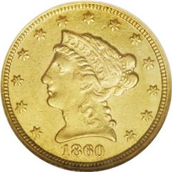 1860-C $2 1/2 AU53 NGC. The 1860-C was the final quart