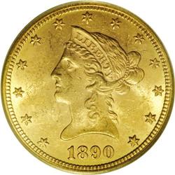 1890-CC $10 MS60 PCGS. Unbroken mint luster and a bold