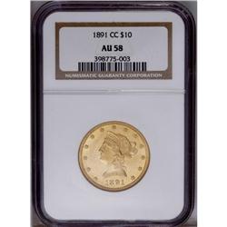 1891-CC $10 AU58 NGC. Breen-7035. The mintmark is shar